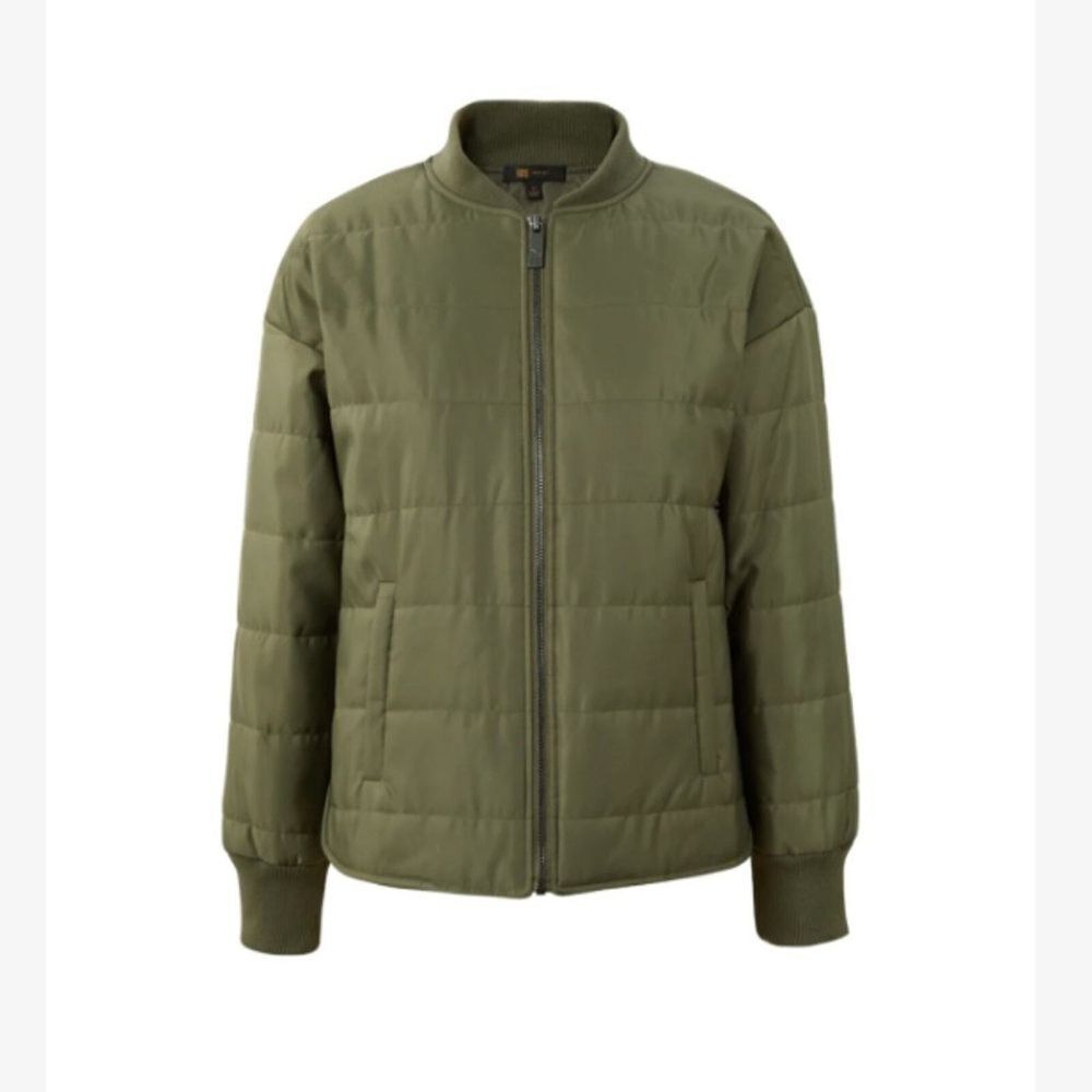 NWT Frye‎ Womens Coat L Olive Green Quilted Bomber Jacket Long Sleeve Logo Zip 💚